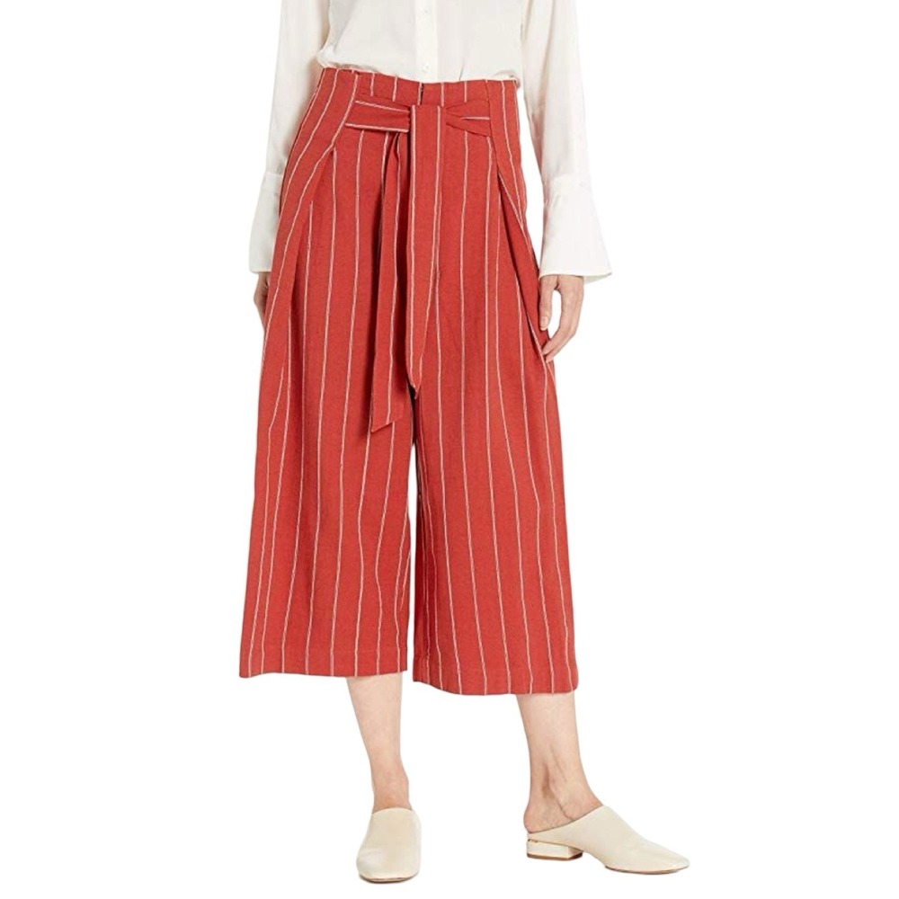 J.O.A. Brick Red Stripe High Waisted‎ Wide Leg Cropped Pants W/Tie Womens Size L